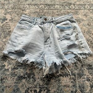 Frayed Light Blue Denim Shorts